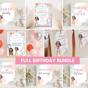 May include: A birthday party decoration bundle featuring Moana-themed signage, invitations, and favor tags. The designs include watercolor floral accents, tropical motifs, and character illustrations with text such as Party Favors, Cards and Gifts, Food and Drinks, and Thank You for coming.