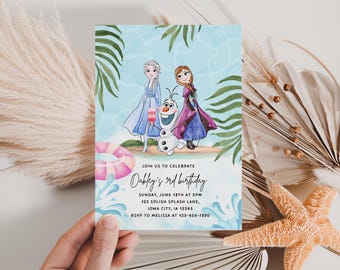 Frozen Summer Birthday invitation, Princess Elsa Anna Olaf party Invite  2nd 3rd 4th 5th template pool girl decor instant download ice cream
