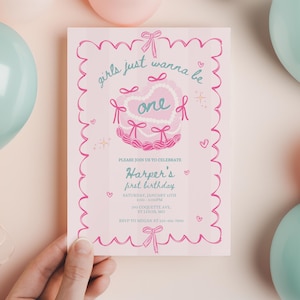 Groovy Girls Just Wanna Be One Invite, 1st Birthday Girl, Decor Bow First invitation Party for 1st Bday, Pink Coquette Ribbon heart cake