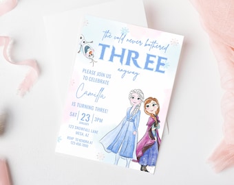 Frozen Birthday invitation, Princess Elsa Anna Olaf party invite, Watercolor 3rd minimal modern digital Cold Never Bothered Three Anyway