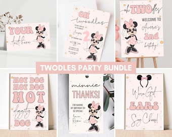 Może przedstawiać: Zestaw do druku na przyjęcie w różowo-białym kolorze z motywem Myszki Minnie. Zestaw zawiera tabliczkę powitalną, zaproszenie na urodziny, kartkę z podziękowaniami oraz dwa znaki z tekstem "Hot Dog Hot Dog Hot Diggity Dog" i "We've Got Ears Say Cheese!"