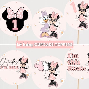Toppers per cupcake del 1° compleanno, festa di Minnie e Daisy, decorazioni per torte Oh Toodles, modello istantaneo per il primo compleanno di Minnie Girl Pink Groovy