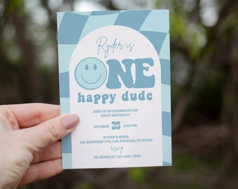 One Happy dude birthday invitation, One cool dude party, boy first 1st bday invite instant download groovy checkered blue teal smiley face