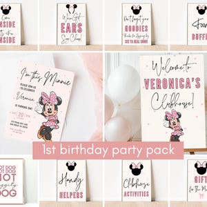 Minnie 1st Birthday invitation, Minnie mouse party, First Bday Invite, Girl dots groovy balloon one welcome sign food labels hot diggity dog