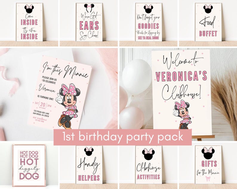 Minnie Maus Geburtstagseinladung, Minnie Maus Party Einladung, Mädchen Punkte groovy Ballon ein Willkommensschild Lebensmitteletiketten Hot Diggity Hund Bild 1