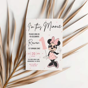Invitación de primer cumpleaños de Minnie, fiesta de Minnie Mouse, invitación de primer cumpleaños, descarga instantánea digital de cumpleaños de niña, globo con lunares rosados imagen 6