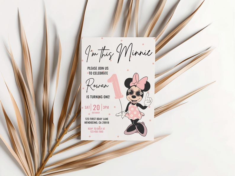 Invitación de primer cumpleaños de Minnie, fiesta de Minnie Mouse, invitación de primer cumpleaños, descarga instantánea digital de cumpleaños de niña, globo con lunares rosados imagen 6