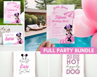 Minnie mouse pool party, 3rd invitation, Girl Third pink purple summer three year splish splash bash decorations welcome sign food labels