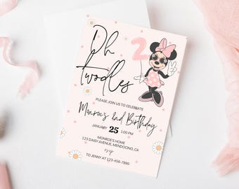 May include: Pink and white birthday invitation featuring a cartoon mouse wearing sunglasses and holding a balloon that says "2". The text on the invitation reads "Oh twodles, Please join us to celebrate Monroe's 2nd Birthday, January 25, 1:00 PM, Monroe's Home, 123 Daisy Avenue, Mendocino, CA, RSVP to Jenny at 123-456-7890."