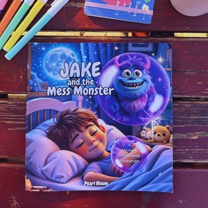 Può includere: Un libro per bambini intitolato "Jake and the Mess Monster" con un bambino che dorme a letto, un mostro dei cartoni animati e il testo "A Magical Organizing Adventure". Il libro è su una superficie di legno con pennarelli colorati.