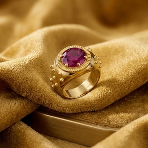 Peut inclure: Une bague dorée ornée d'une grosse pierre précieuse ovale rouge foncé au centre. La bague a un anneau texturé et est posée sur une surface dorée et un tissu doré.