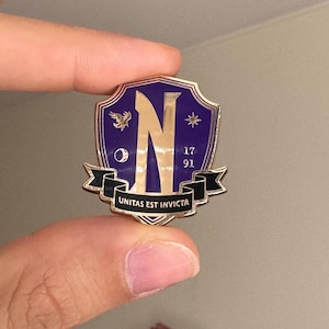 Könnte beinhalten: Goldfarbene Metallanstecknadel in Schildform. Die Nadel zeigt einen großen goldenen Buchstaben "N" auf lila Hintergrund, mit Mond, Sternen und dem Text "UNITAS EST INVICTA". Das Jahr "17 91" ist ebenfalls abgebildet.