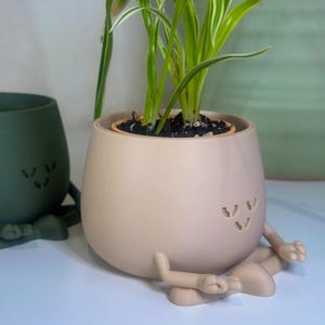 May include: A beige ceramic plant pot with a smiling face design and legs, containing a green and white plant. The pot is on a white surface. Another green pot is visible in the background.