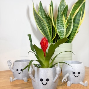 Puede incluir: Tres macetas de cerámica gris con forma de personajes de dibujos animados con caras sonrientes y brazos extendidos. Las macetas están sobre una superficie de madera. La maceta del centro tiene una pequeña planta roja y verde dentro.