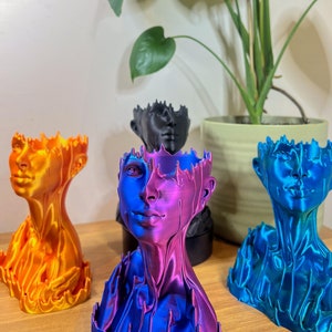 May include: Four 3D printed planters in the shape of a human head with a dripping effect. The planters are in orange, blue, purple, and black.