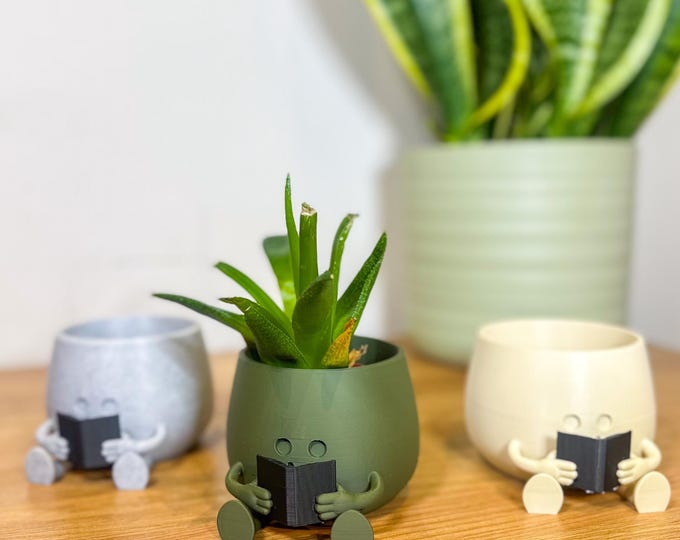 Happy Face Book Planter: Book Lover Plant Pot, Book Worm Gift - Fun Modern Home Decor