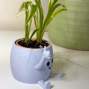 Peut inclure: Un pot de fleurs en céramique bleu clair moucheté avec un visage de dessin animé, des bras et des jambes. Le pot lève le pouce. Il contient une plante rayée verte et jaune. Un grand pot vert est à l'arrière-plan.
