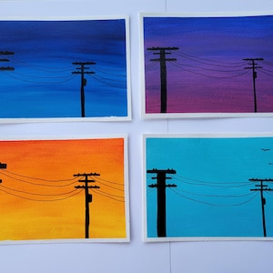 Set di quattro cartoline artistiche raffiguranti linee elettriche Lofi, collage murali dipinti a mano, arte con vibrazioni estive, linee elettriche al tramonto, cieli azzurri