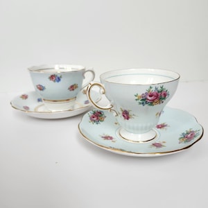 Vintage English Teacup and Saucer Sets – Pastel Blue with Pink Roses, Gold Trim, Cottagecore Coquette Tea Party gift | Mismatched tea cups