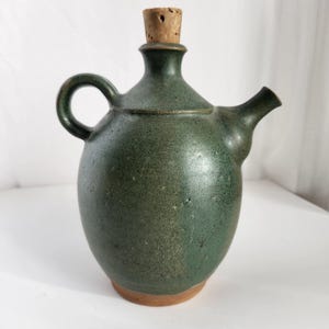 Vintage Green Pottery Jug: Signed Stoneware Kettle with Cork