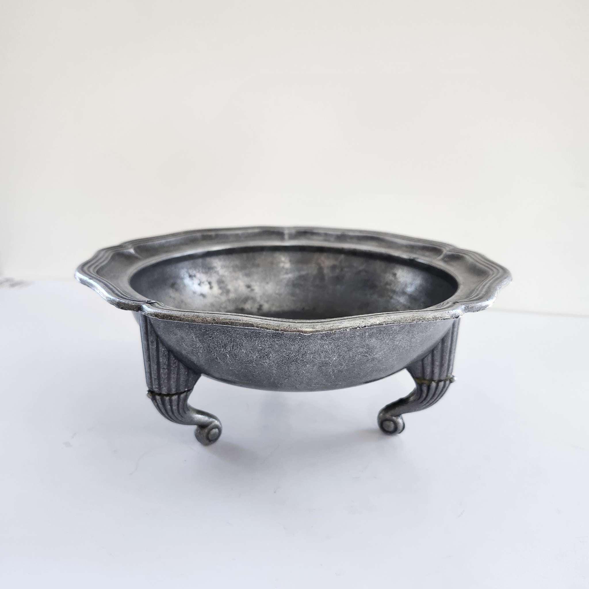 Antique Pewter Bowl: Chateau Chic Art Deco Scalloped Edge Pedestal