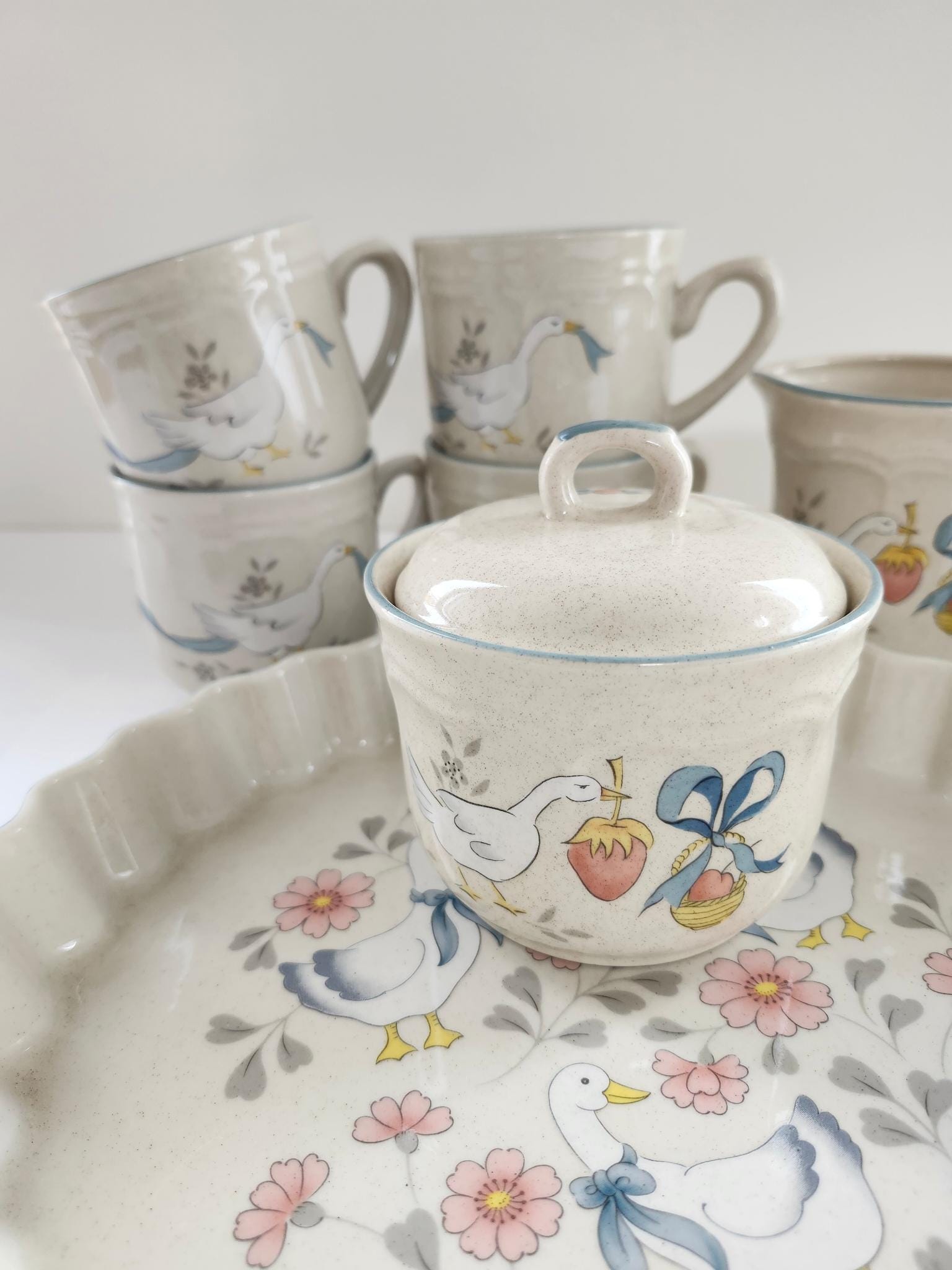 Vintage "marmalade" stoneware by International china made in Japan Goose and fruit design Coquette Bow pattern cottagecore pie and tea set