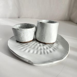 Handcrafted Speckled Pottery Set: Trinket Dish and Storage Cups