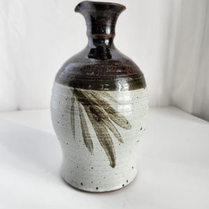Signed Studio Pottery Jug: Brown Gray Vase with Leaf Pattern