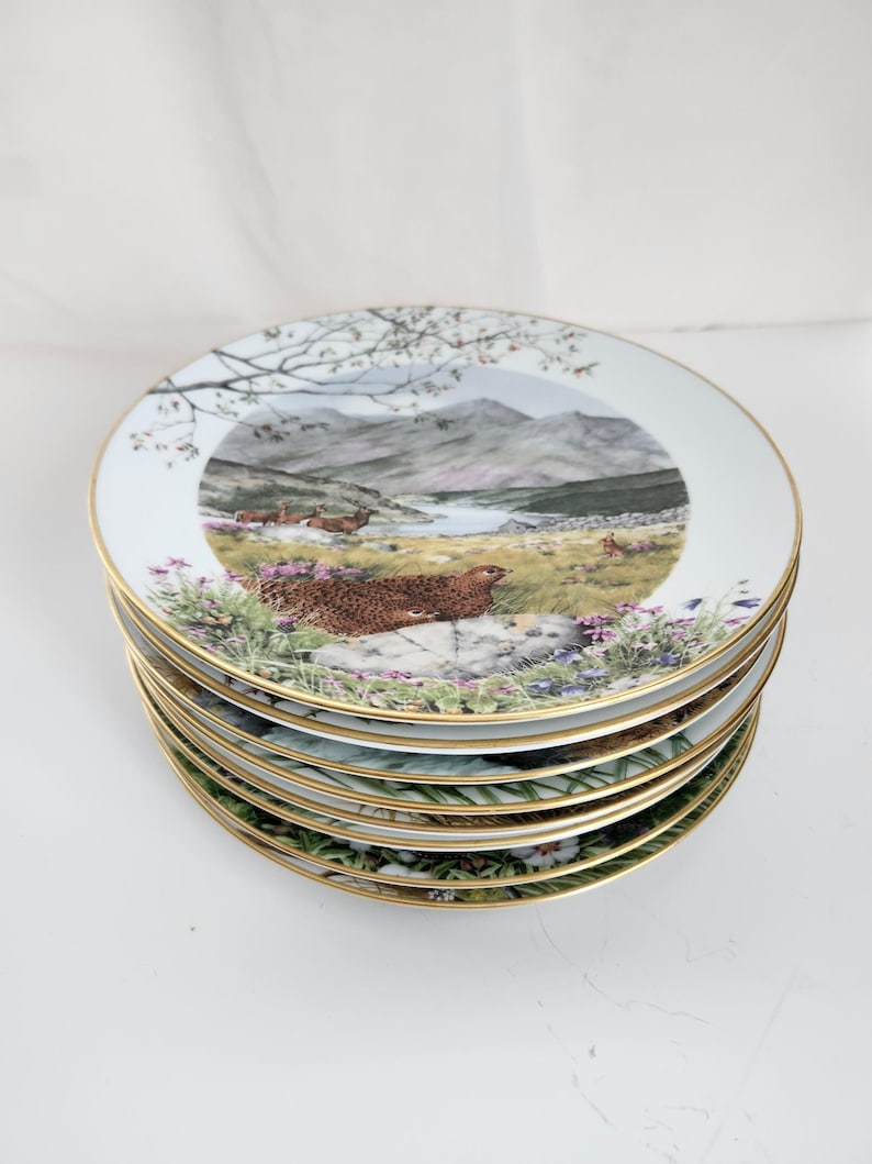 May include: A stack of decorative plates with a gold rim. Each plate features a landscape scene with a deer, flowers, and a mountain range. The plates are white with a gold trim.
