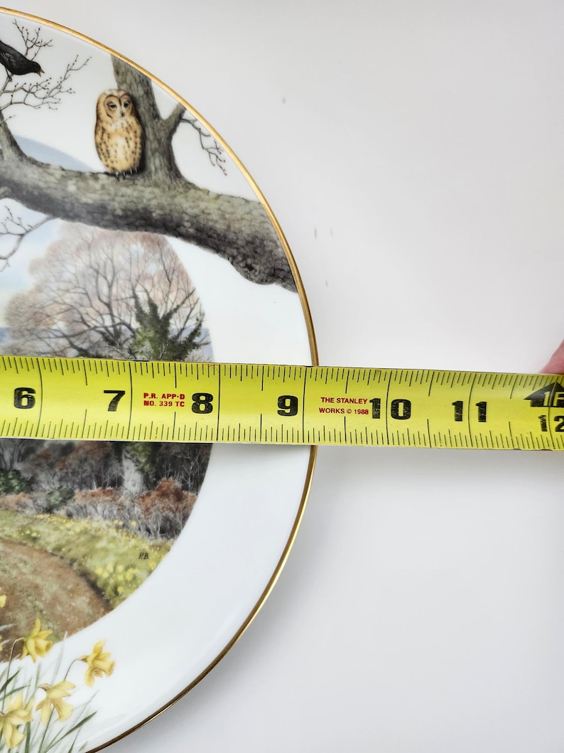 May include: A decorative plate with a gold rim, featuring a detailed landscape scene with an owl perched on a tree branch. The plate measures approximately 10 inches in diameter.