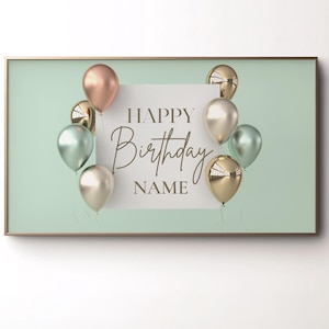 Customizable Samsung Frame TV Art | Happy Birthday Frame TV | Custom Art Birthday Party | Pastel Birthday | Editable Frame TV | Gold Balloon