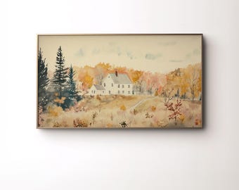 Herbst Bauernhaus Aquarell Bilderrahmen TV Art (Digitaler Download)