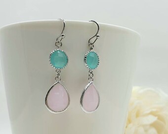 Mint Pink Earrings . Silver Turquoise Pink Drop Earrings . wedding jewelry, bridal jewelry bridesmaid gift rose quartz aqua