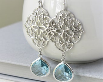 Blue Earrings . Silver Floral Filigree Aquamarine Drop Earrings . blue chandelier dangle earrings wedding, bridal jewelry, bridesmaid gift
