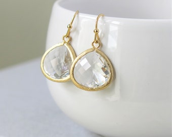 Gold Crystal Clear Drop Earrings #1 . Gold Dangle Earrings for wedding jewelry, bridal jewelry, bridesmaid gift