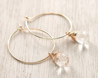 Clear Crystal Gold Hoops . Crystal Quartz Goldfilled Hoop Earrings