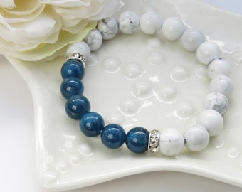 Apatite Howlite Bead Bracelet . blue white bracelet . 8mm bead bracelet stretch bracelet crystal rhinestone