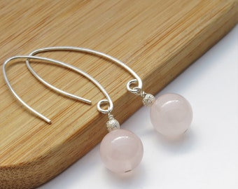 Pink Earrings . Rose Quartz sterling silver elongated earrings . rose quartz earrings pink jewelry pink long earrings