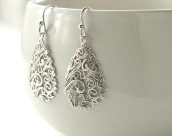 Silver Earrings . Silver Paisley Teardrop Earrings . rhodium earrings for wedding jewelry, bridal jewelry, graduation, prom, gift