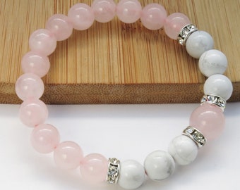 Bracelet quartz rose et howlite . bracelet blanc rose. Bracelet quartz rose 8 mm, bracelet de perles de yoga amour paix bracelet extensible