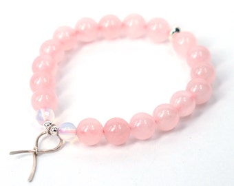 Breast Cancer Bracelet . Pink Ribbon Bracelet . Rose Quartz awareness survivor cancer jewelry stacking bracelet gift think pink