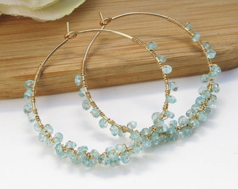 Blue Apatite Hoops . wrapped goldfilled hoop earrings . blue earrings . gold earrings . delicate wedding bridal evening prom hoops jewelry