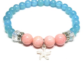 Pink Coral Chalcedony Bracelet . silver starfish stacking bracelet . aqua coral jewelry stretch bead bracelet summer beach surferocean