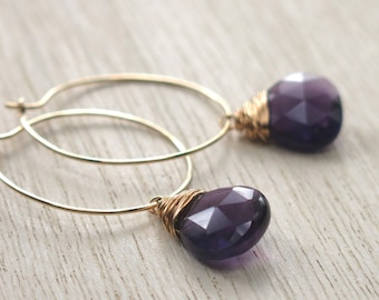 Purple Earrings . Amethyst Gold Hoops . Purple Amethyst Goldfilled Hoop Earrings gold silver hoops circle purple drops amethyst earrings