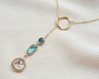 Gold blue crystal lariat necklace . long necklace gold plated sapphire aquamarine crystal clear