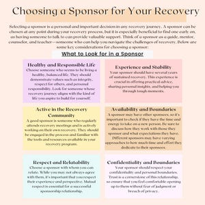 K&ouml;nnte beinhalten: Eine farbenfrohe Infografik mit dem Titel "Einen Sponsor f&uuml;r Ihre Genesung w&auml;hlen". Die Infografik ist in sechs Abschnitte unterteilt, die jeweils einen anderen Titel und eine Beschreibung haben. Die Titel lauten "Gesundes und verantwortungsvolles Leben", "Aktiv in der Genesungsgemeinschaft", "Respekt und Vertrauensw&uuml;rdigkeit", "Erfahrung und Stabilit&auml;t", "Verf&uuml;gbarkeit und Grenzen" und "Vertraulichkeit und Grenzen".