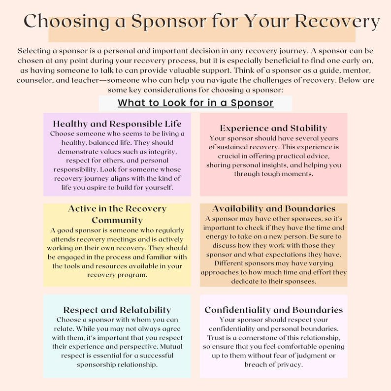 K&ouml;nnte beinhalten: Eine farbenfrohe Infografik mit dem Titel "Einen Sponsor f&uuml;r Ihre Genesung w&auml;hlen". Die Infografik ist in sechs Abschnitte unterteilt, die jeweils einen anderen Titel und eine Beschreibung haben. Die Titel lauten "Gesundes und verantwortungsvolles Leben", "Aktiv in der Genesungsgemeinschaft", "Respekt und Vertrauensw&uuml;rdigkeit", "Erfahrung und Stabilit&auml;t", "Verf&uuml;gbarkeit und Grenzen" und "Vertraulichkeit und Grenzen".