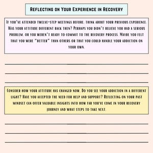K&ouml;nnte beinhalten: Ein Arbeitsblatt mit dem Titel "Reflexion &uuml;ber Ihre Erfahrung in der Genesung." Das Arbeitsblatt enth&auml;lt zwei Abschnitte mit Fragen zu vergangenen und gegenw&auml;rtigen Erfahrungen mit Sucht und Genesung.