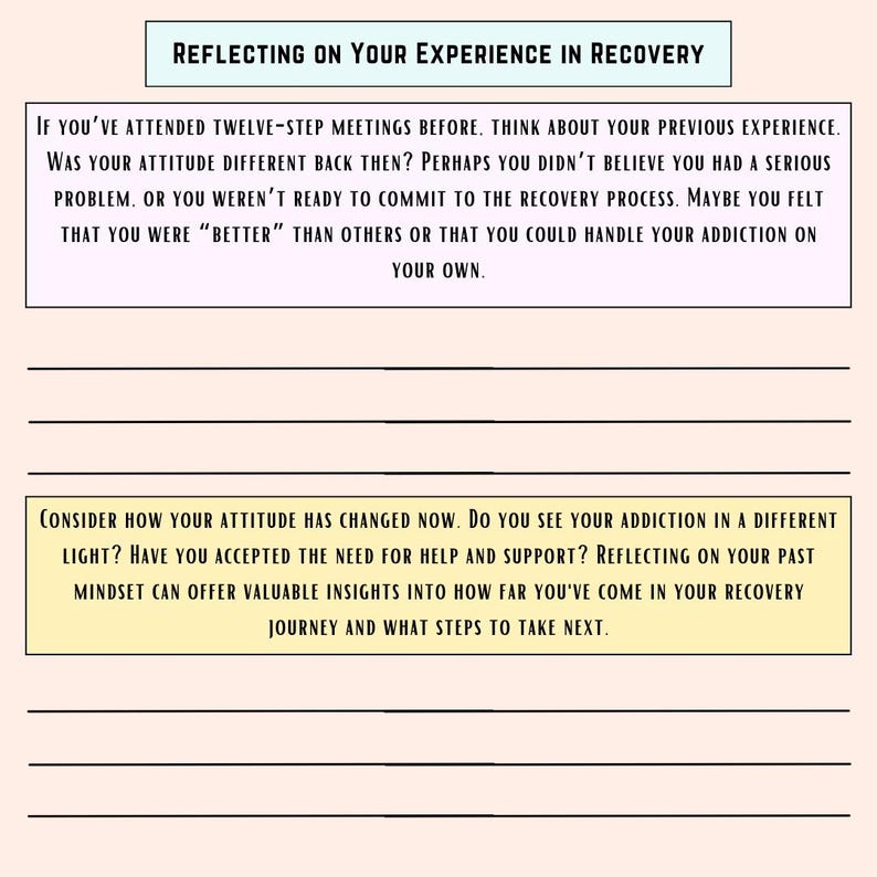 K&ouml;nnte beinhalten: Ein Arbeitsblatt mit dem Titel "Reflexion &uuml;ber Ihre Erfahrung in der Genesung." Das Arbeitsblatt enth&auml;lt zwei Abschnitte mit Fragen zu vergangenen und gegenw&auml;rtigen Erfahrungen mit Sucht und Genesung.