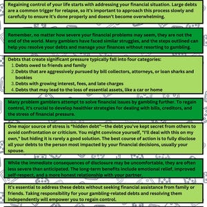 May include: Green and white text on a green background with a white border. The text reads "Dealing with Debt". The text is in a bold, sans-serif font. The background is a pattern of green and white circles.